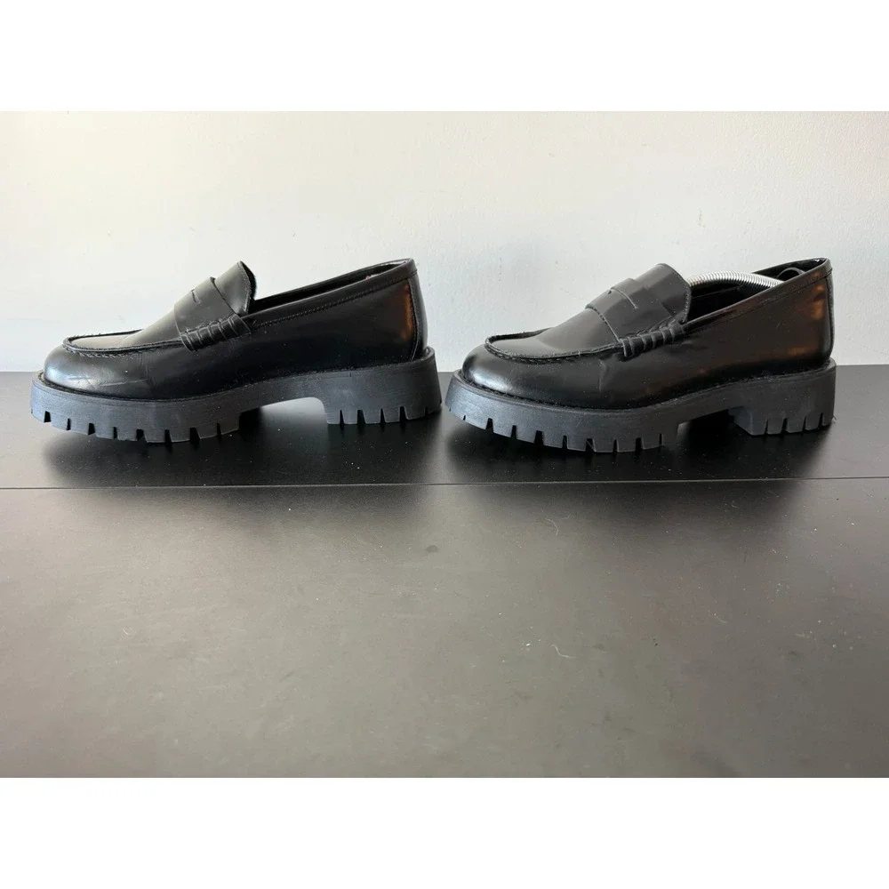 Steve Madden Langsten Black Leather Lug Sole Penny Loafers Women 10